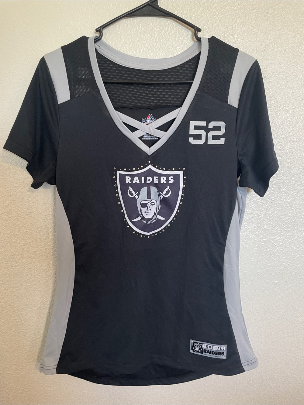 Majestic Raiders Black and Gray Women's V-Neck Jersey Top